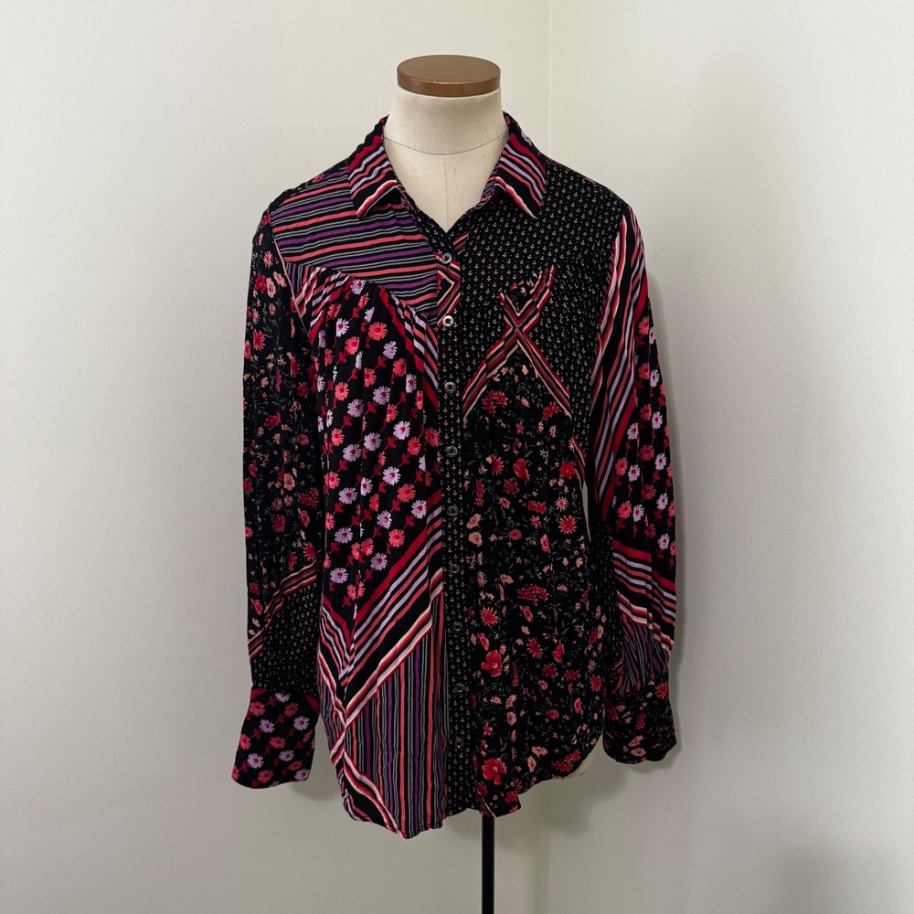 Free People M Hazel Buttondown Blouse Top Black Floral Patchwork Boho Relaxed